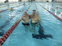 There were five ACT swimmers competing, Molonglo’s John, Tuggeranong’s Donna Campbell, Lesley de Lorenzo and Caroline Makin plus former Tuggeranong swimmer now unattached Ron Watkins. Caroline, who swam in the maximum allowed nine individual events, won six and had two seconds and a third. Donna competed in seven events and Lesley four but the best placing they could manage was Donna’s fourth in the 200m Breaststroke. John Collis (left), Gary Stutsel (right) Now the oldest swimmer in his 65-69 age group John swam five events two finish with two seconds, one third, one fourth and a fifth. His times were 